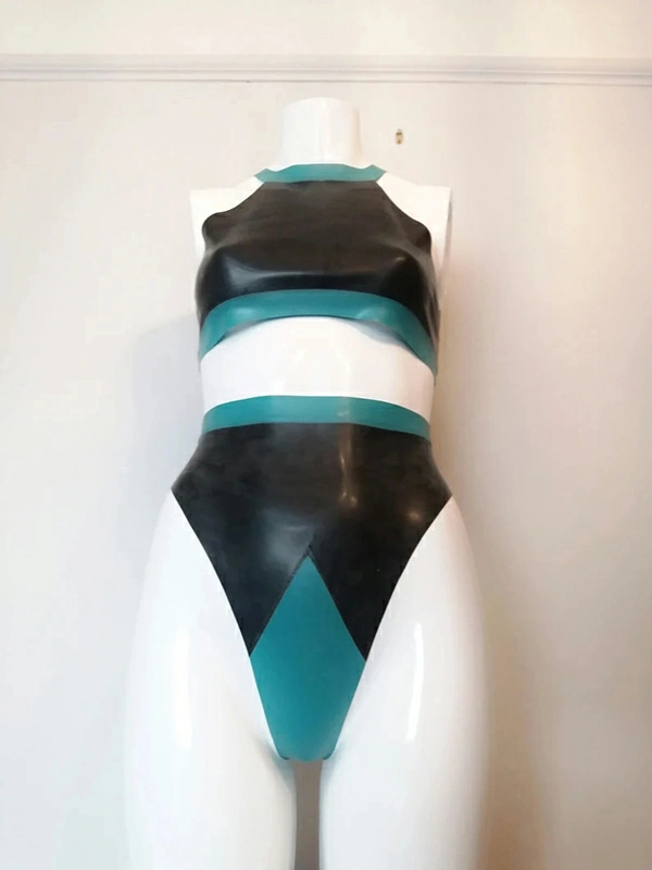 LMB220-2.webp Latex Two Piece, High Neck Crop Top and High-waist Thong