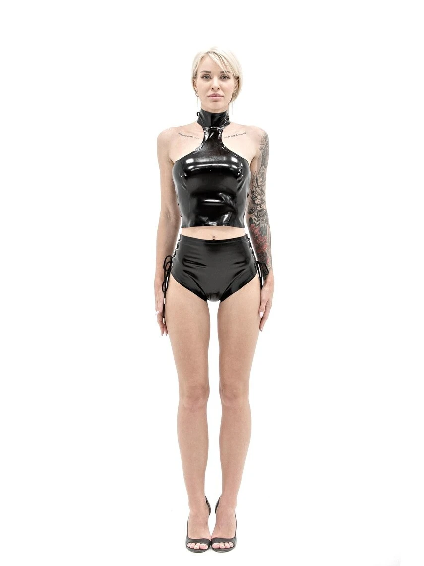HJ1402-2.webp Latex Top And High Cut Shorts Set with Lacing