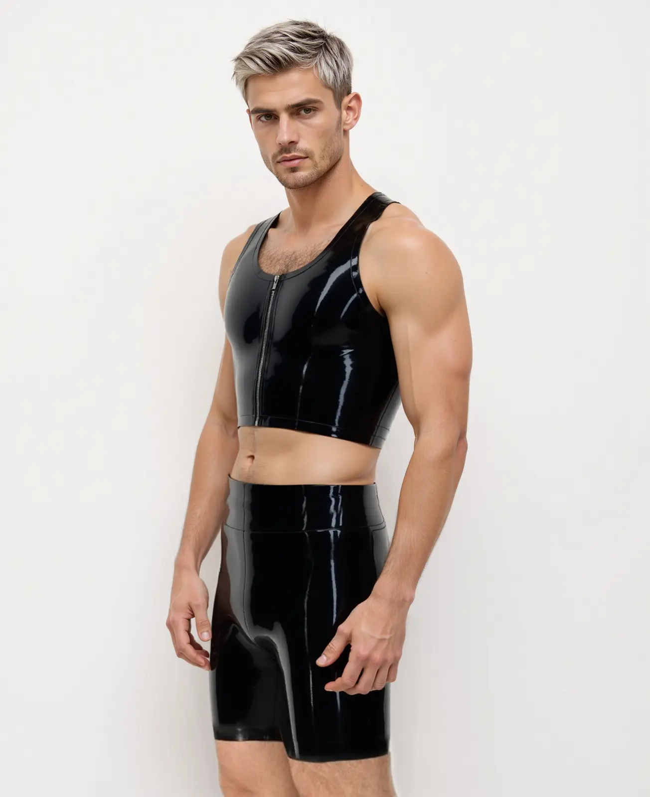HJ144-1.webp Men's Zip Front Cropped Latex Black Vest - Standard Sizes