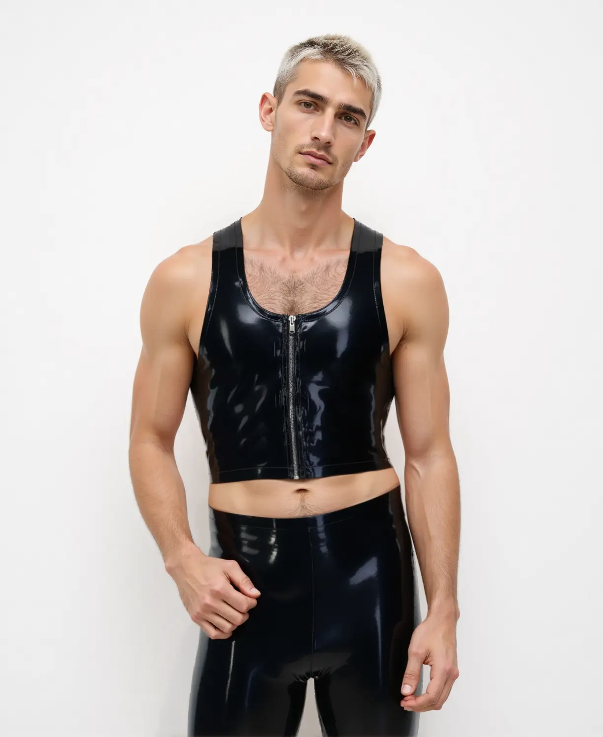 HJ144-2.webp Men's Zip Front Cropped Latex Black Vest - Standard Sizes