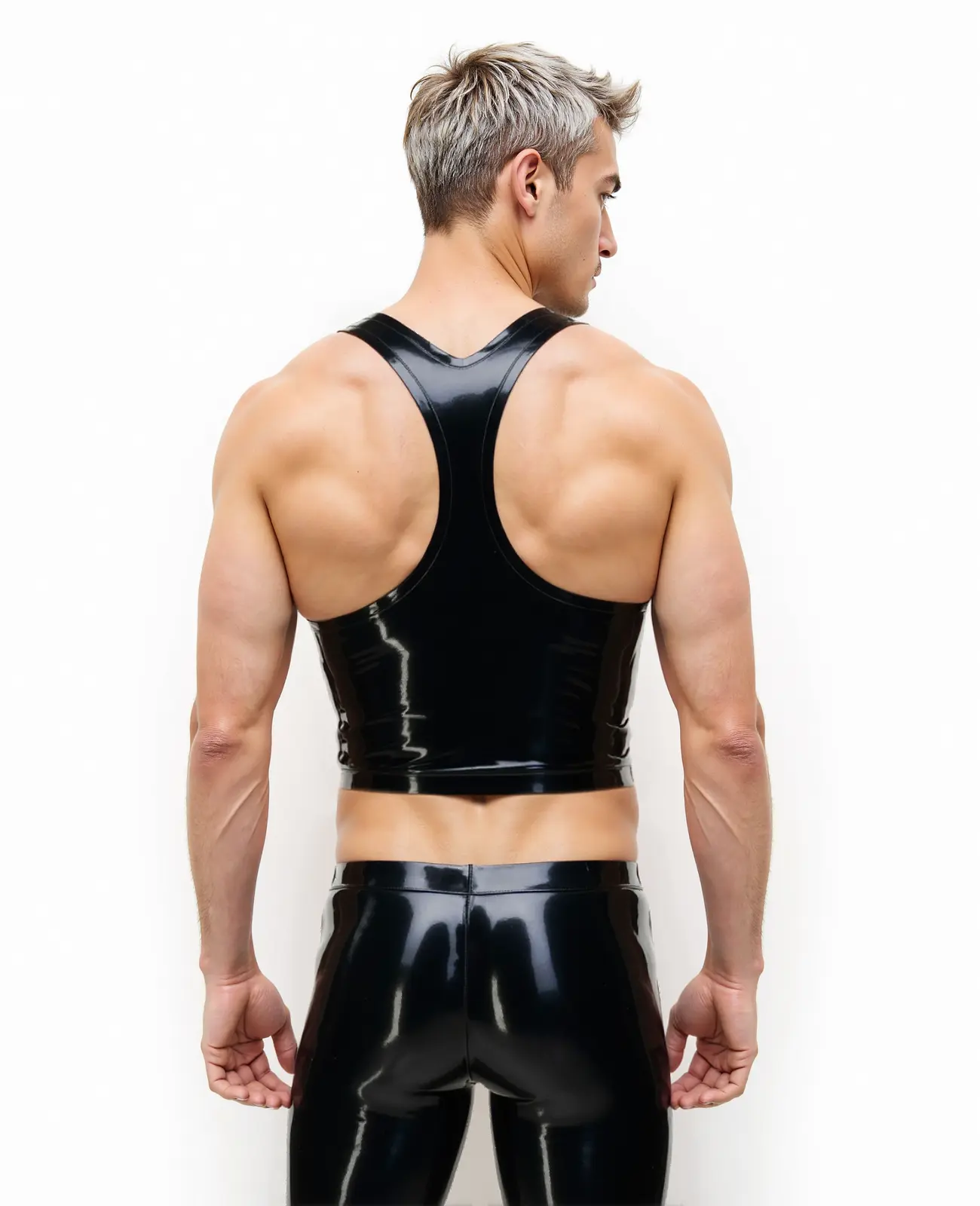 HJ144-3.webp Men's Zip Front Cropped Latex Black Vest - Standard Sizes