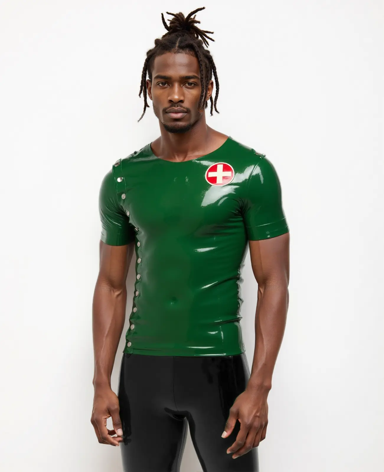 HJ153-1.webp Latex short sleeve man's crop neck top with a medical uniform twist