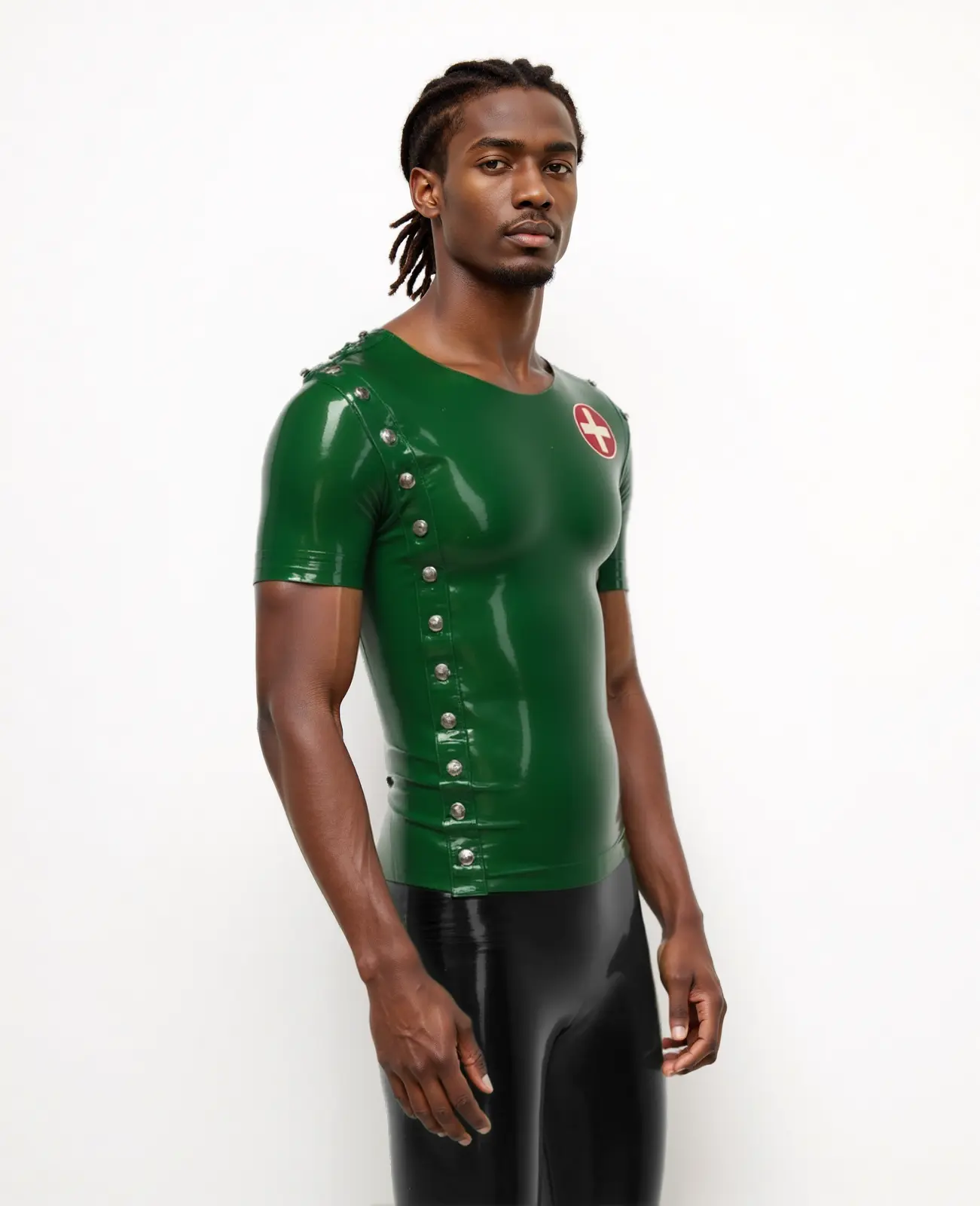 HJ153-2.webp Latex short sleeve man's crop neck top with a medical uniform twist