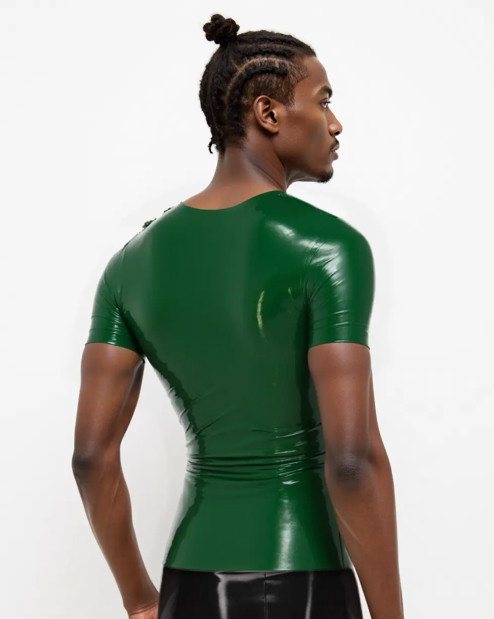 HJ153-3.webp Latex short sleeve man's crop neck top with a medical uniform twist