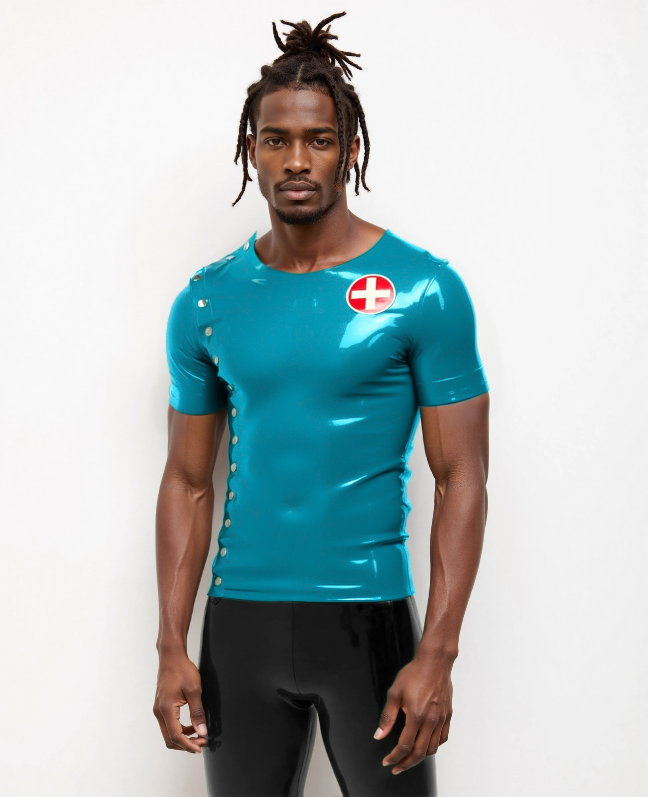 HJ153-4.webp Latex short sleeve man's crop neck top with a medical uniform twist