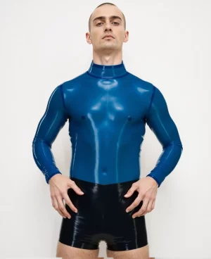 Men's High Neck Long Sleeve Latex Semi Transparent Blue Top