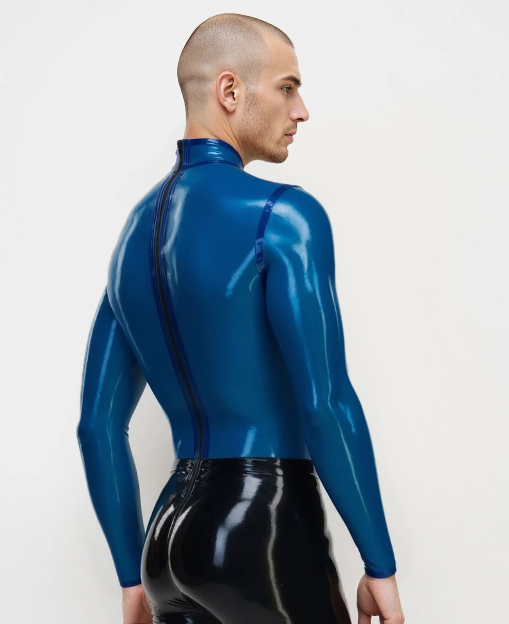 HJ161-2.webp Men's High Neck Long Sleeve Latex Semi Transparent Blue Top