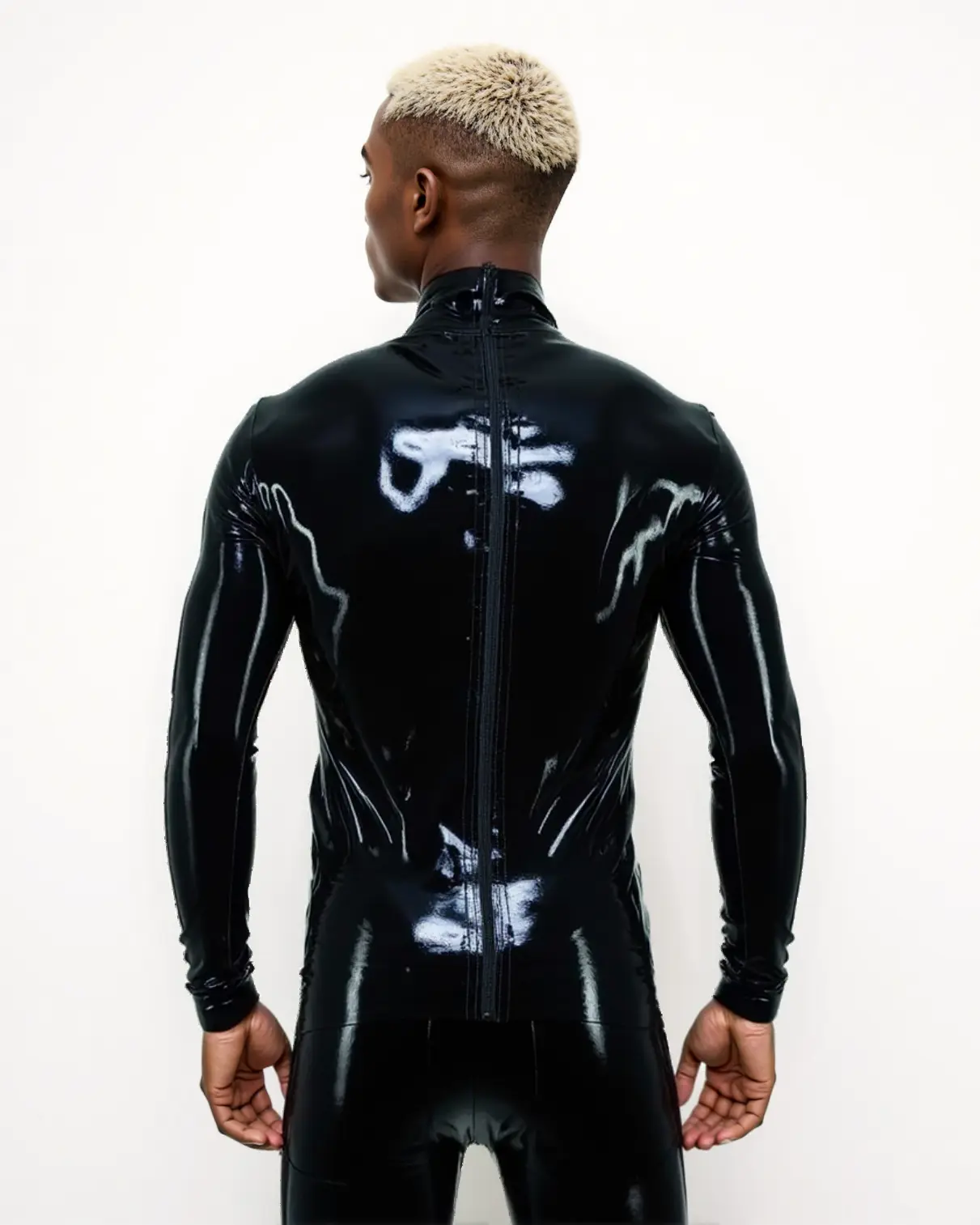 HJ161-4.webp Men's High Neck Long Sleeve Latex Semi Transparent Blue Top