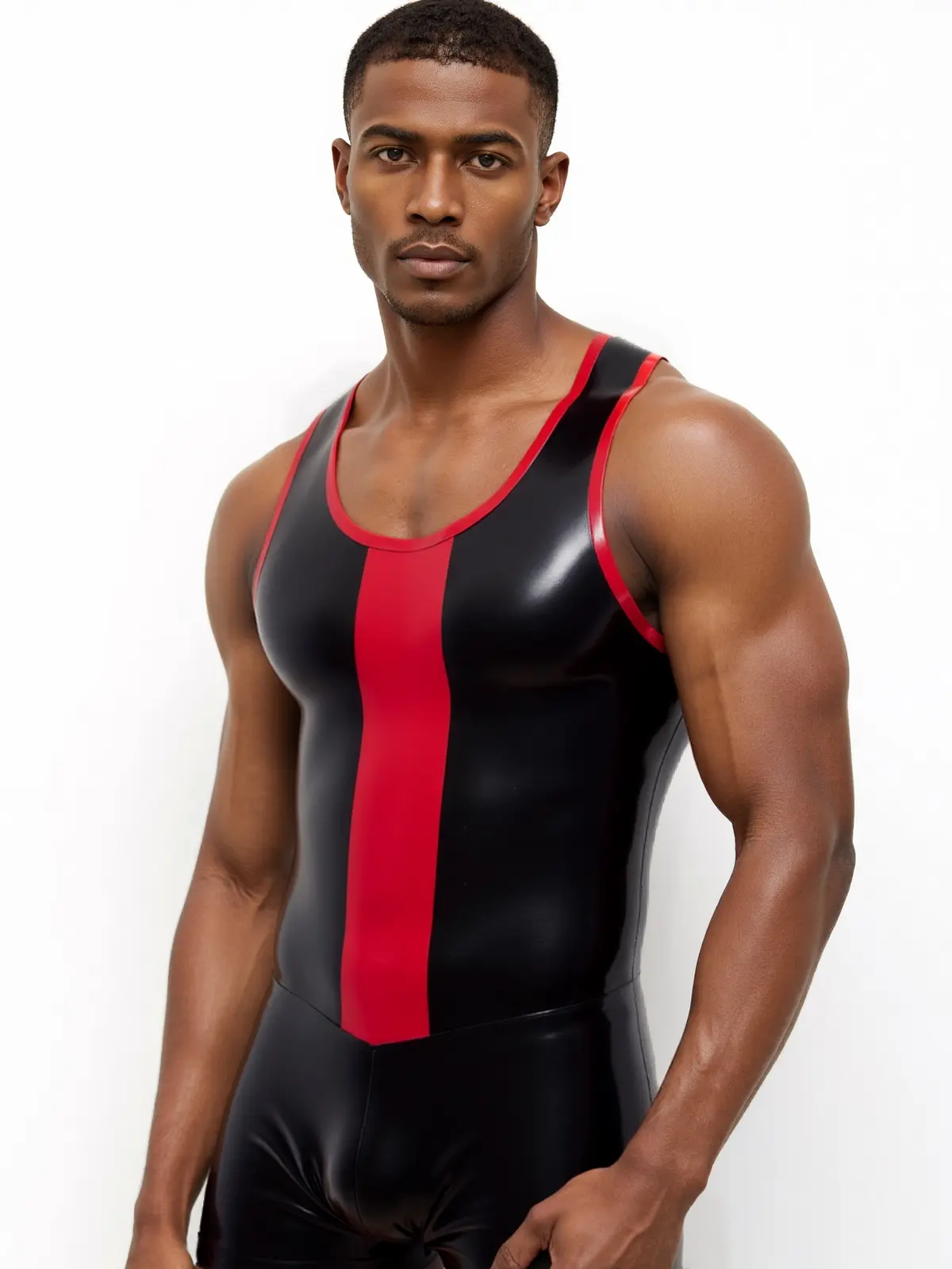 HJ283-1.webp Mens latex tank top with contrasting front and edge trim