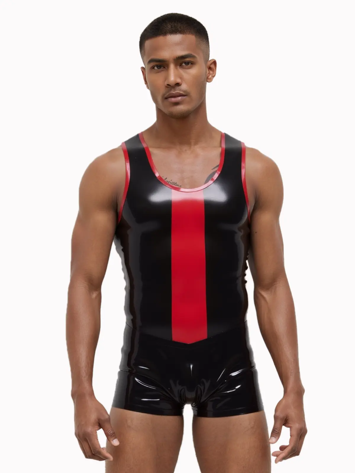 HJ283-2.webp Mens latex tank top with contrasting front and edge trim