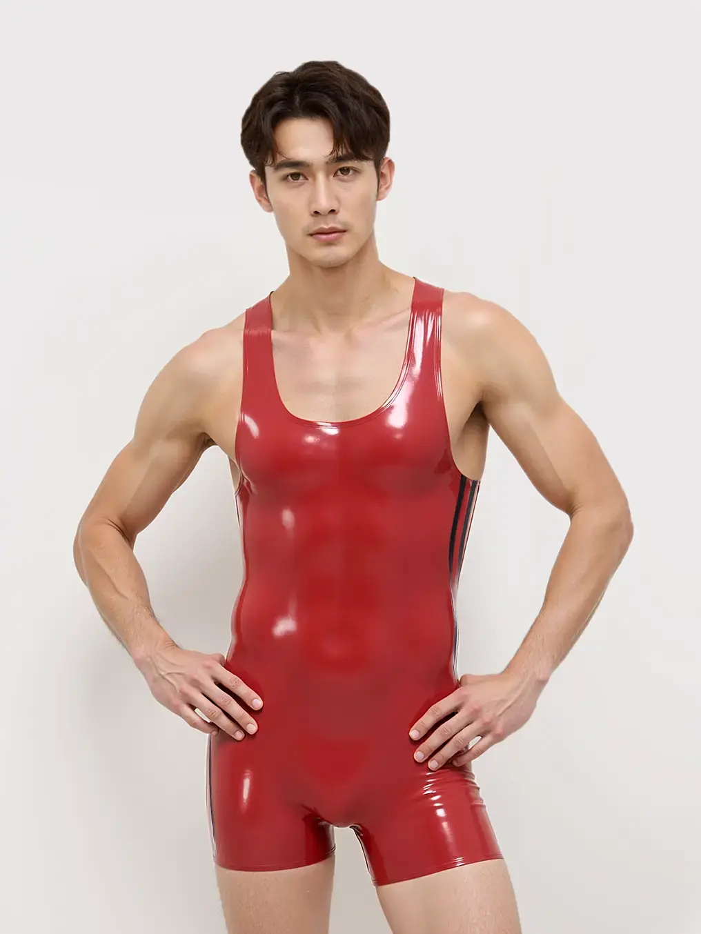 KKP240-4.webp Latex Zipperless Short Leg Singlet Suit For Men