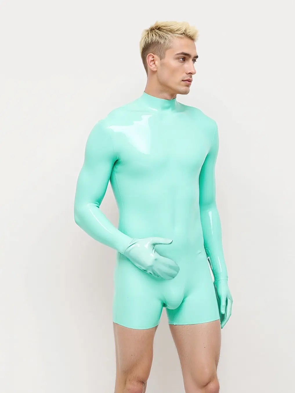 KKP277-2.webp Latex Mitten-Sleeved Neck Entry Short Catsuit For Men