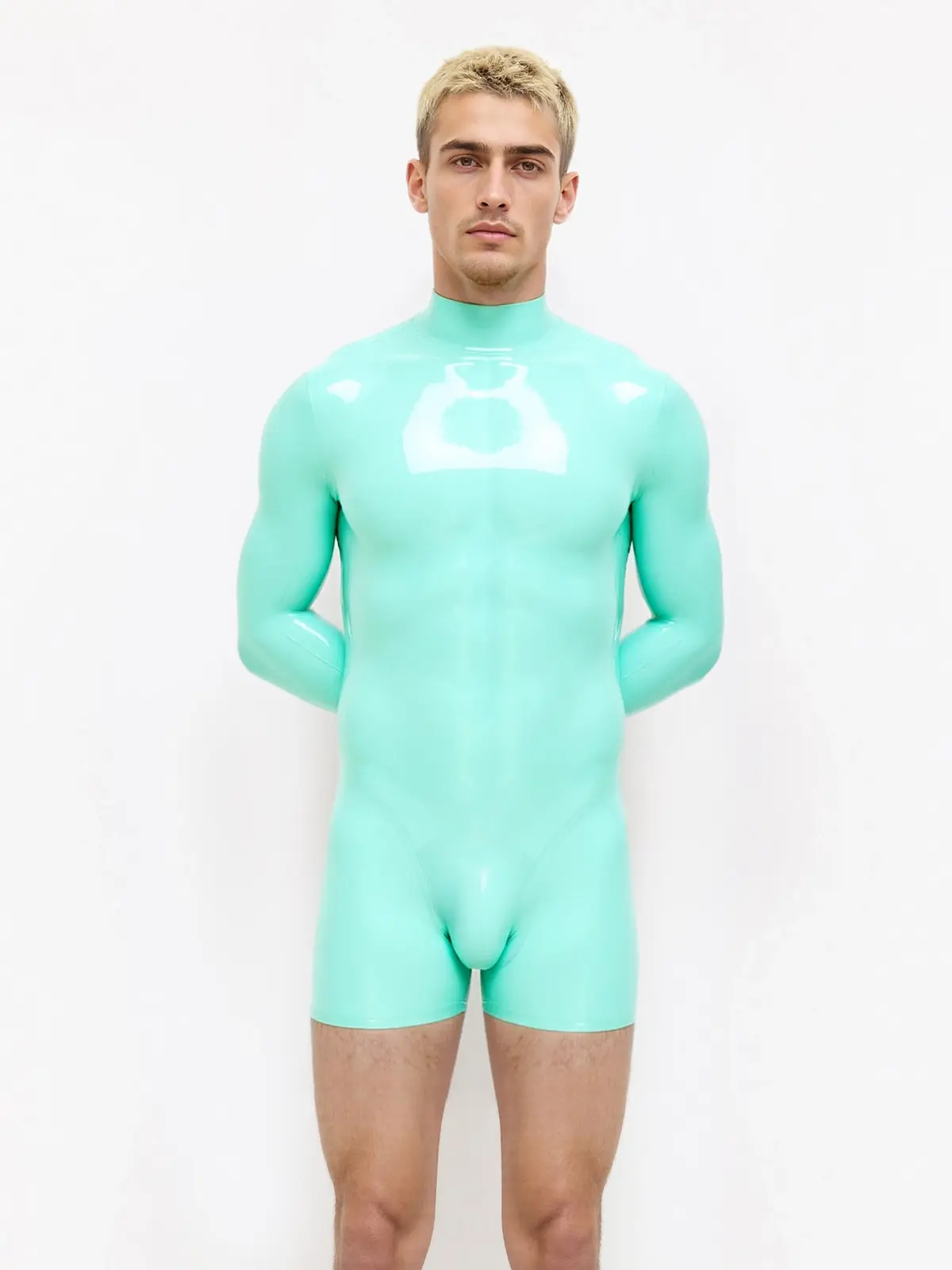 KKP277-3.webp Latex Mitten-Sleeved Neck Entry Short Catsuit For Men