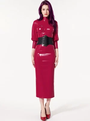 Latex Ankle Length Dress Gathered Sleeves