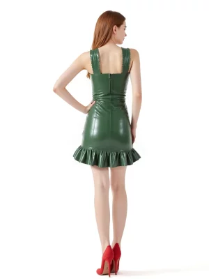 Latex Ruffled Mini Dress With Pinstripes and Straps
