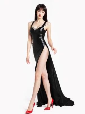 Latex Morticia Long Evening Ball Gown with Side Slit & Open Back