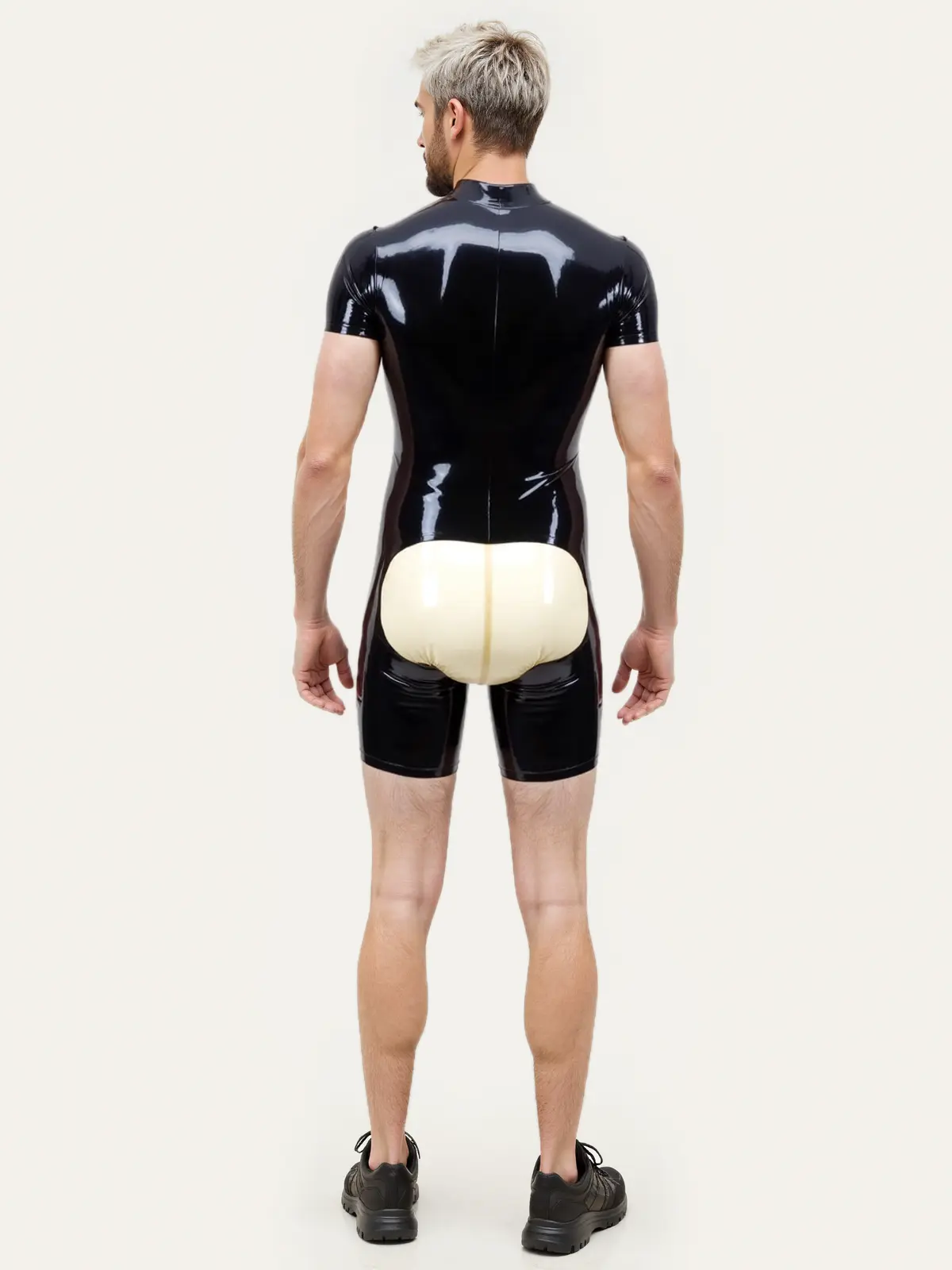 HJ1891-4.webp Latex Black Bodysuit with Beige Bulge Design