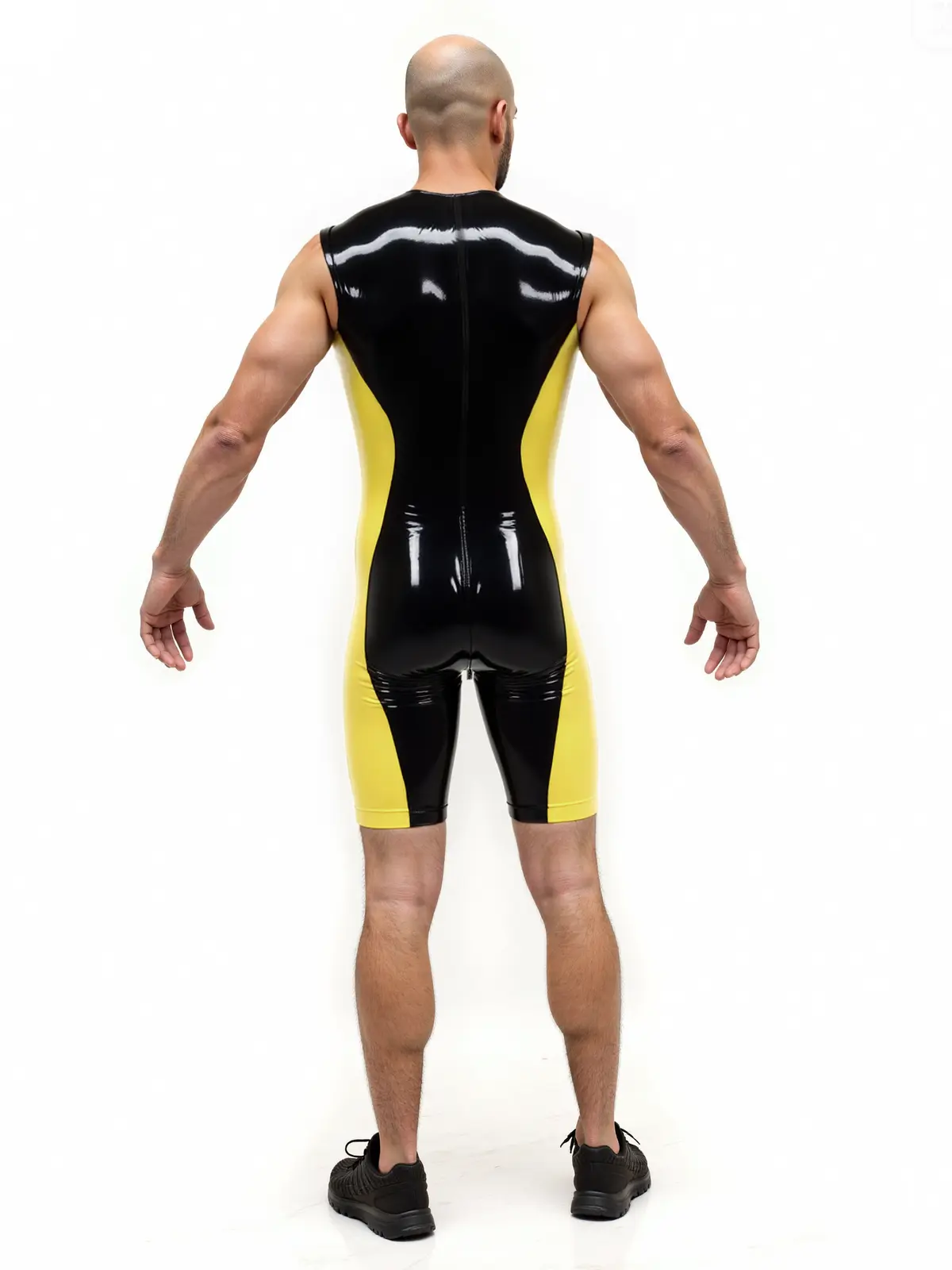 HJ1893-3.webp Latex Sleeveless Black & Yellow Stripe Unitard Outfit