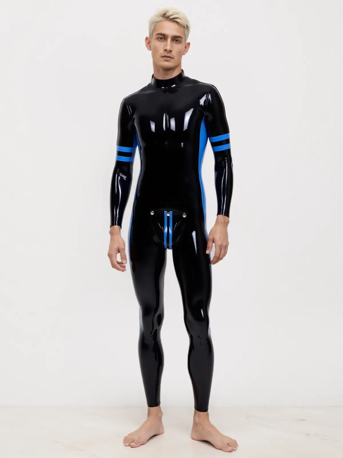 HJ1895-1.webp Latex Mens Black Bodysuit Featuring Blue Trim