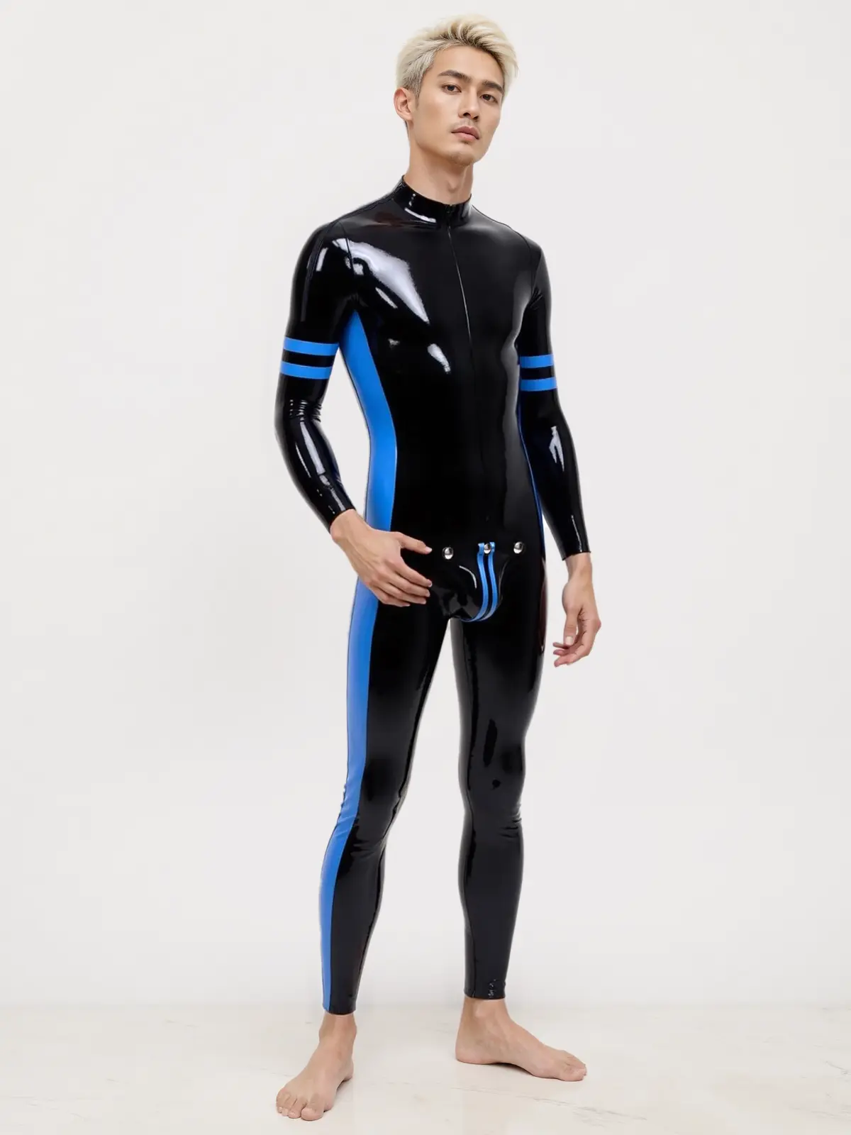 HJ1895-2.webp Latex Mens Black Bodysuit Featuring Blue Trim