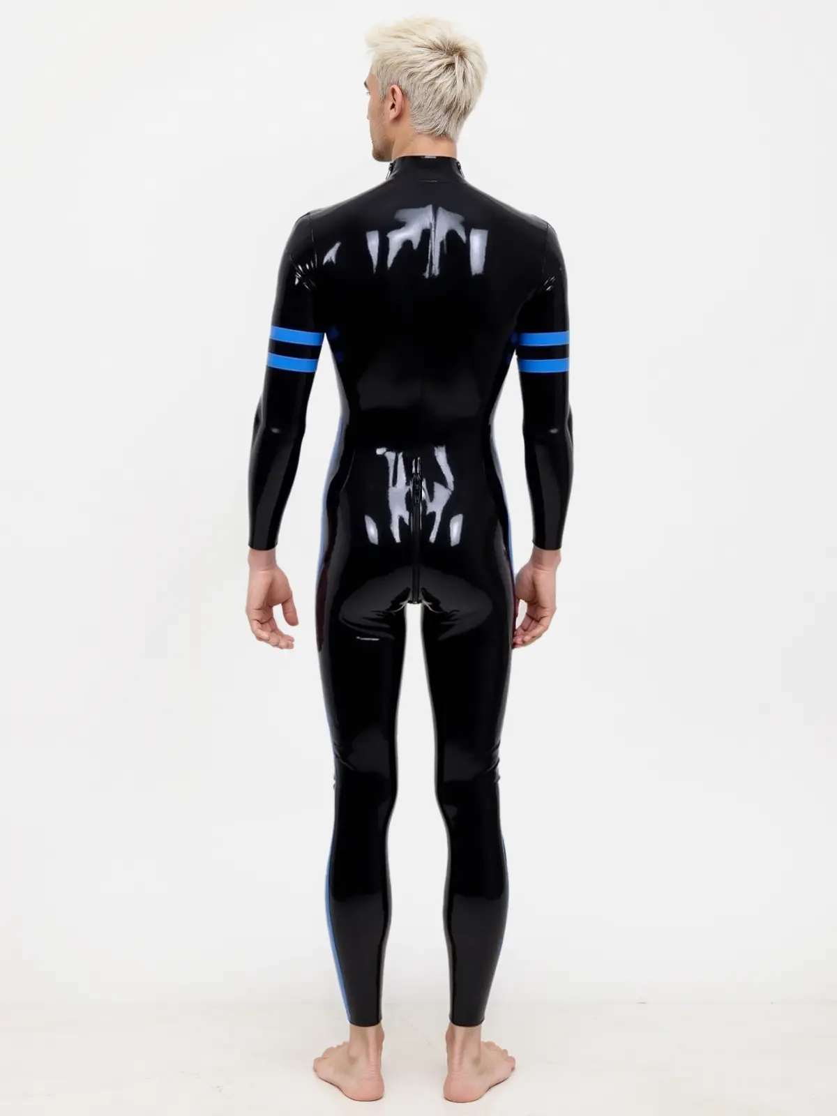 HJ1895-4.webp Latex Mens Black Bodysuit Featuring Blue Trim