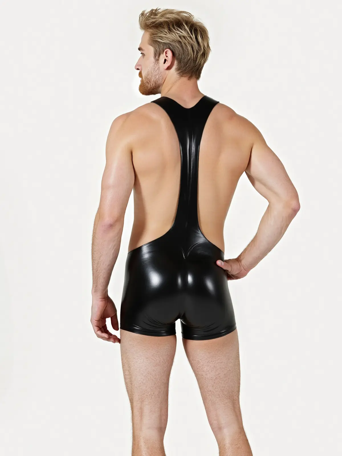HJ1896-2.webp Latex Black Suspender Shorts for Men