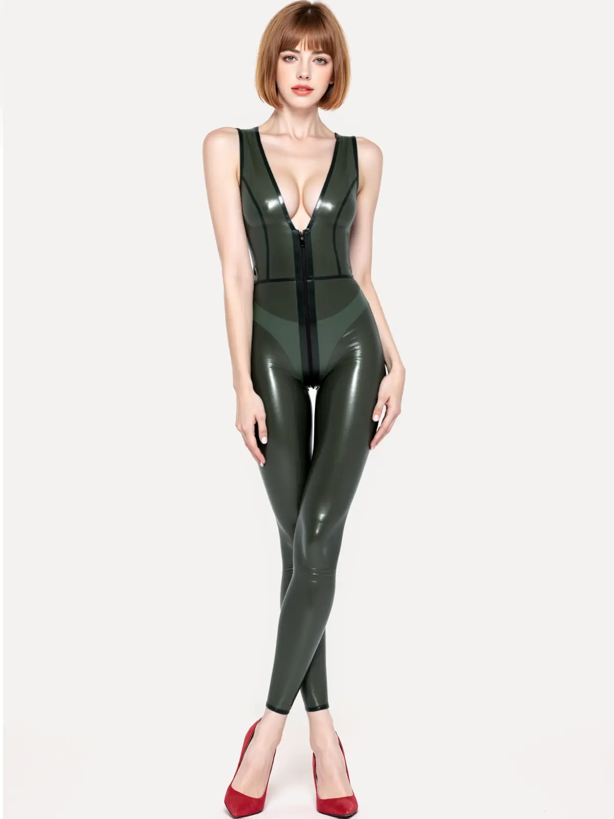 HJ173-1.webp Semi-transparent Olive Latex Sleeveless Catsuit