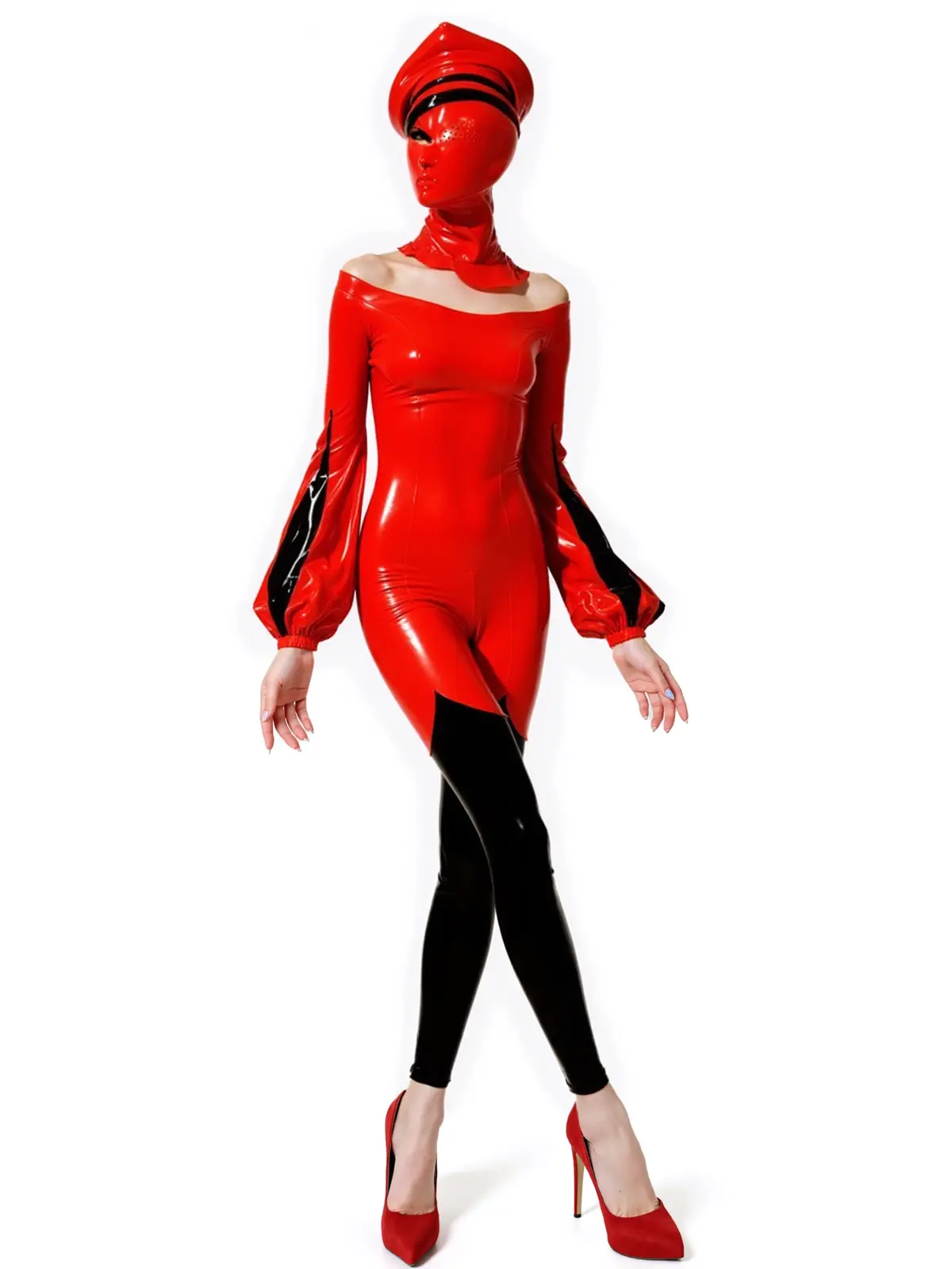 HJ192-2.webp Fitted Latex Shoulder Neckline Catsuit