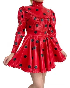 Latex Long sleeves polka dot pleated puff sleeves retro dress