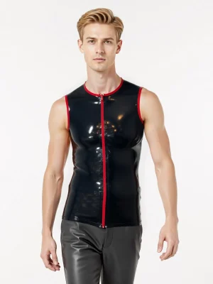 Rubber Latex Trimmed Zip Front Sleeveless T-Shirt
