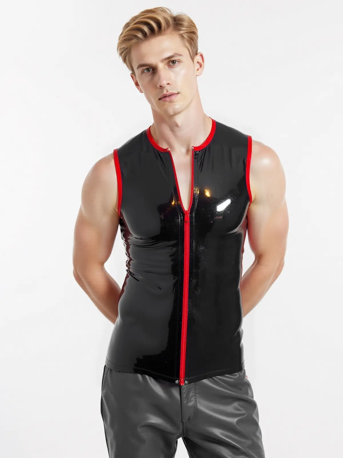 HJ103-2.webp Rubber Latex Trimmed Zip Front Sleeveless T-Shirt