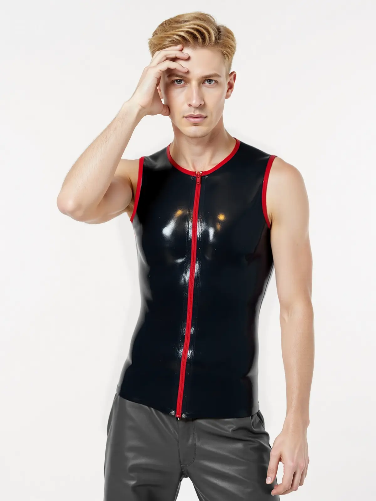 HJ103-3.webp Rubber Latex Trimmed Zip Front Sleeveless T-Shirt
