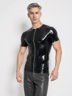 Rubber Latex Crew Neck Zip Front T-Shirt Short Sleeve