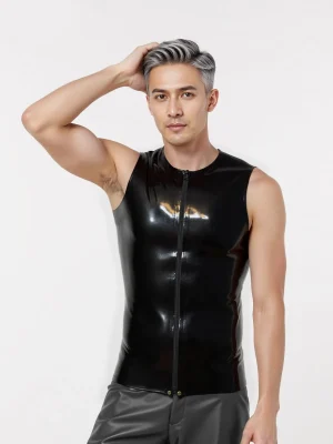 Rubber Latex Crew Neck Front Zip T-Shirt Sleeveless
