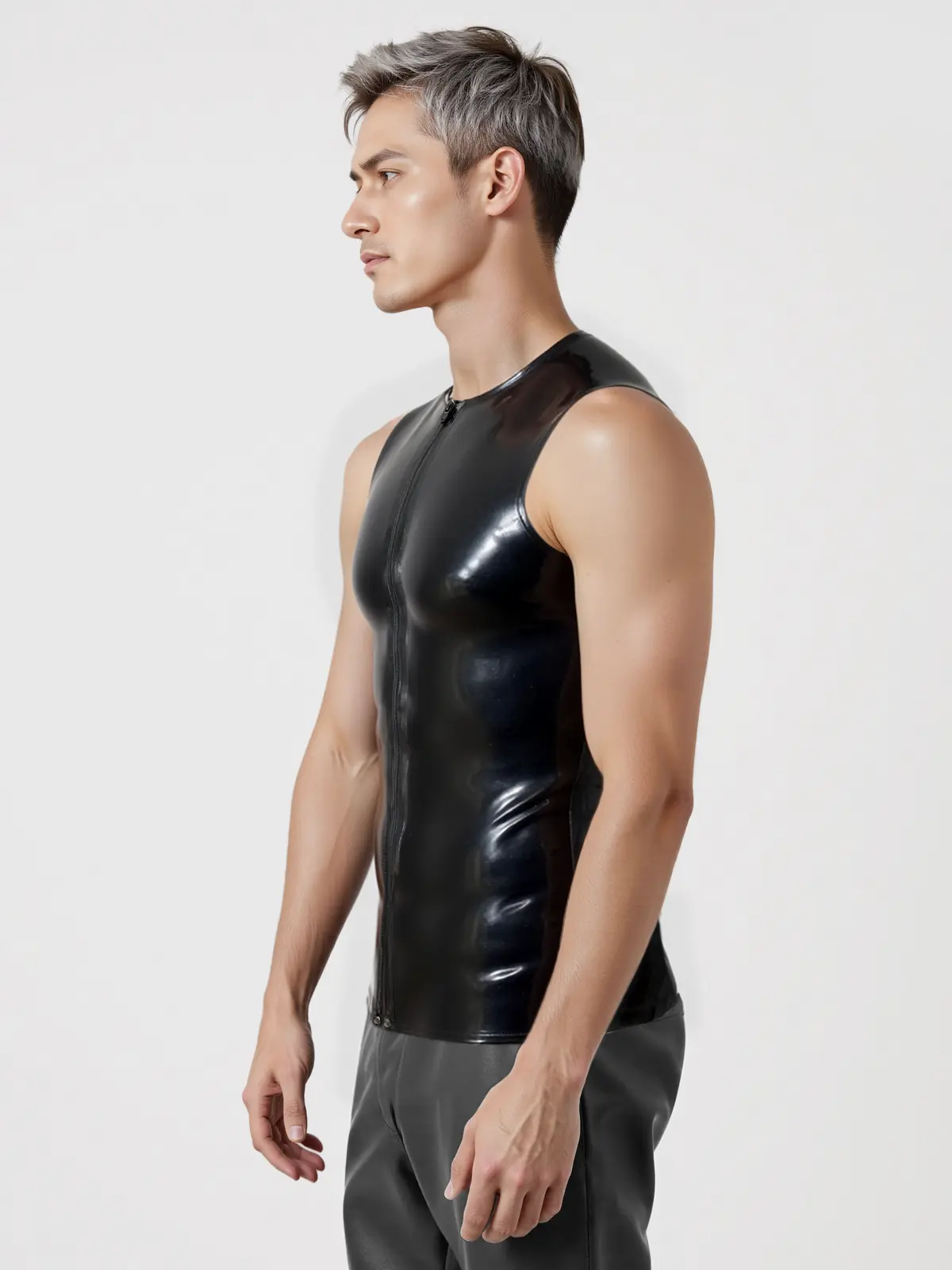 HJ106-2.webp Rubber Latex Crew Neck Front Zip T-Shirt Sleeveless