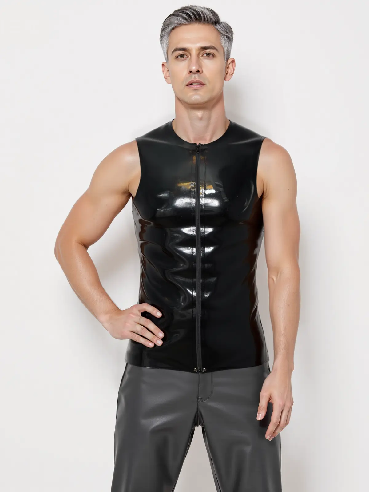 HJ106-4.webp Rubber Latex Crew Neck Front Zip T-Shirt Sleeveless