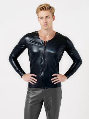 Men's latex shirt with zipper and long sleeves, V-neck