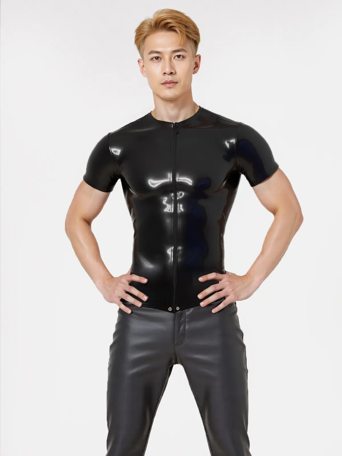HJ269-1.webp Mens Latex Front Zip T Shirt