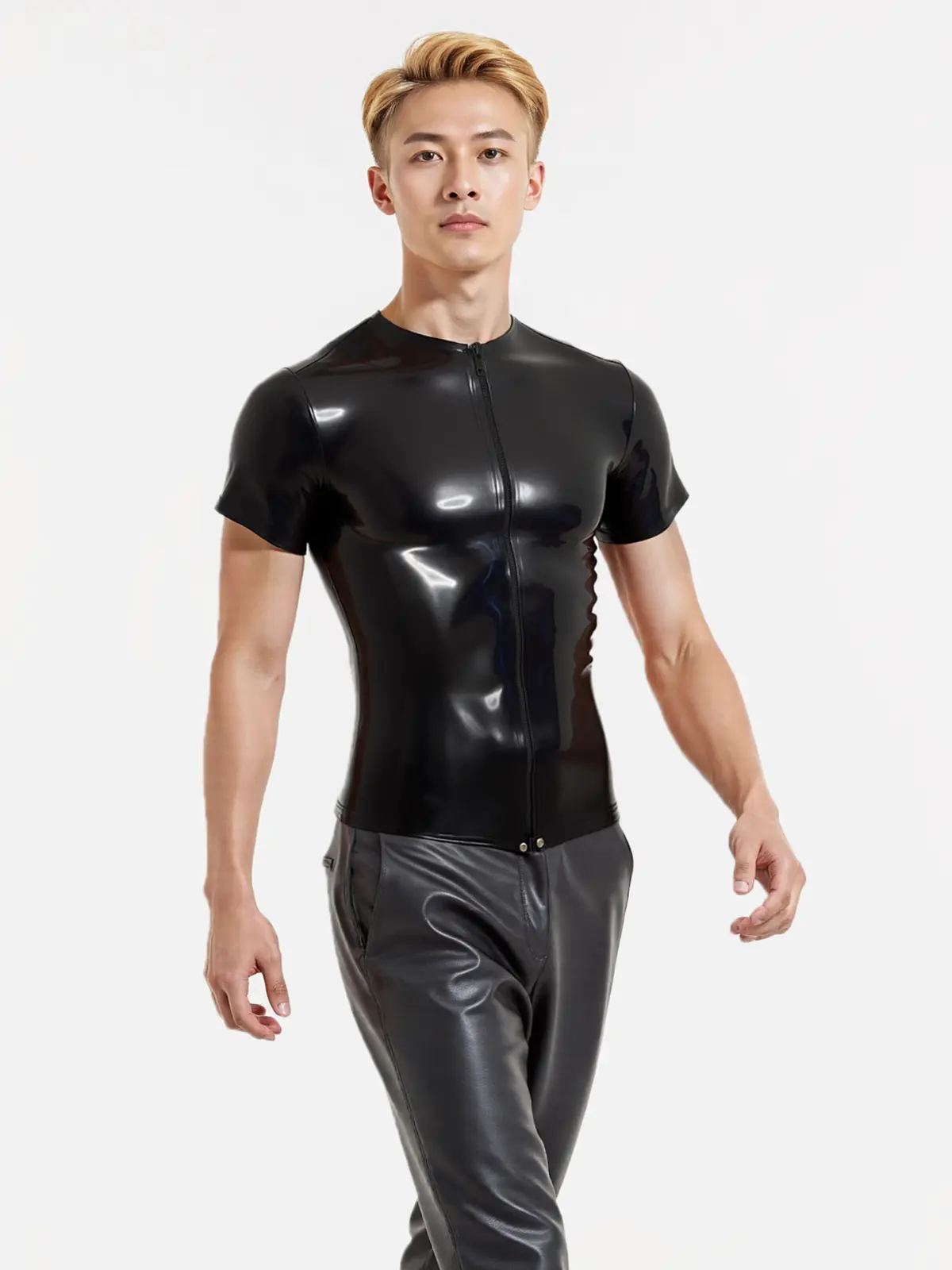 HJ269-2.webp Mens Latex Front Zip T Shirt