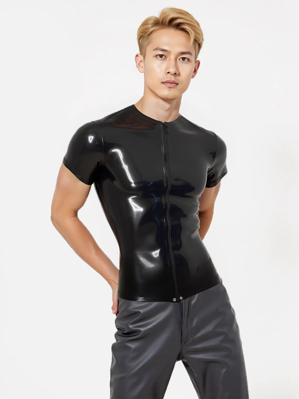 HJ269-3.webp Mens Latex Front Zip T Shirt
