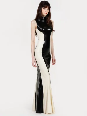 Latex Black & White Paneled Sleeveless Mermaid Gown
