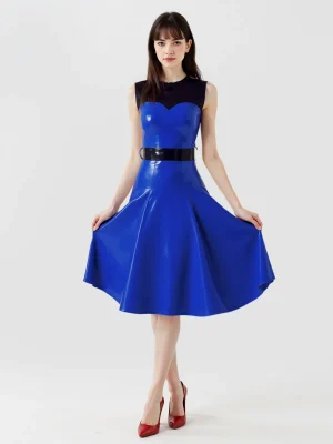 Latex Blue & Black Paneled Sleeveless Two-Piece Dress