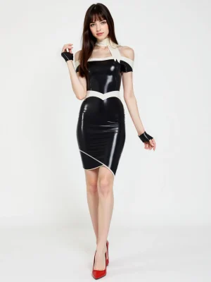 Latex Black and White Off-Shoulder Dress