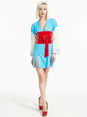 Latex Deep V Front-Opening Thigh-Length Dress