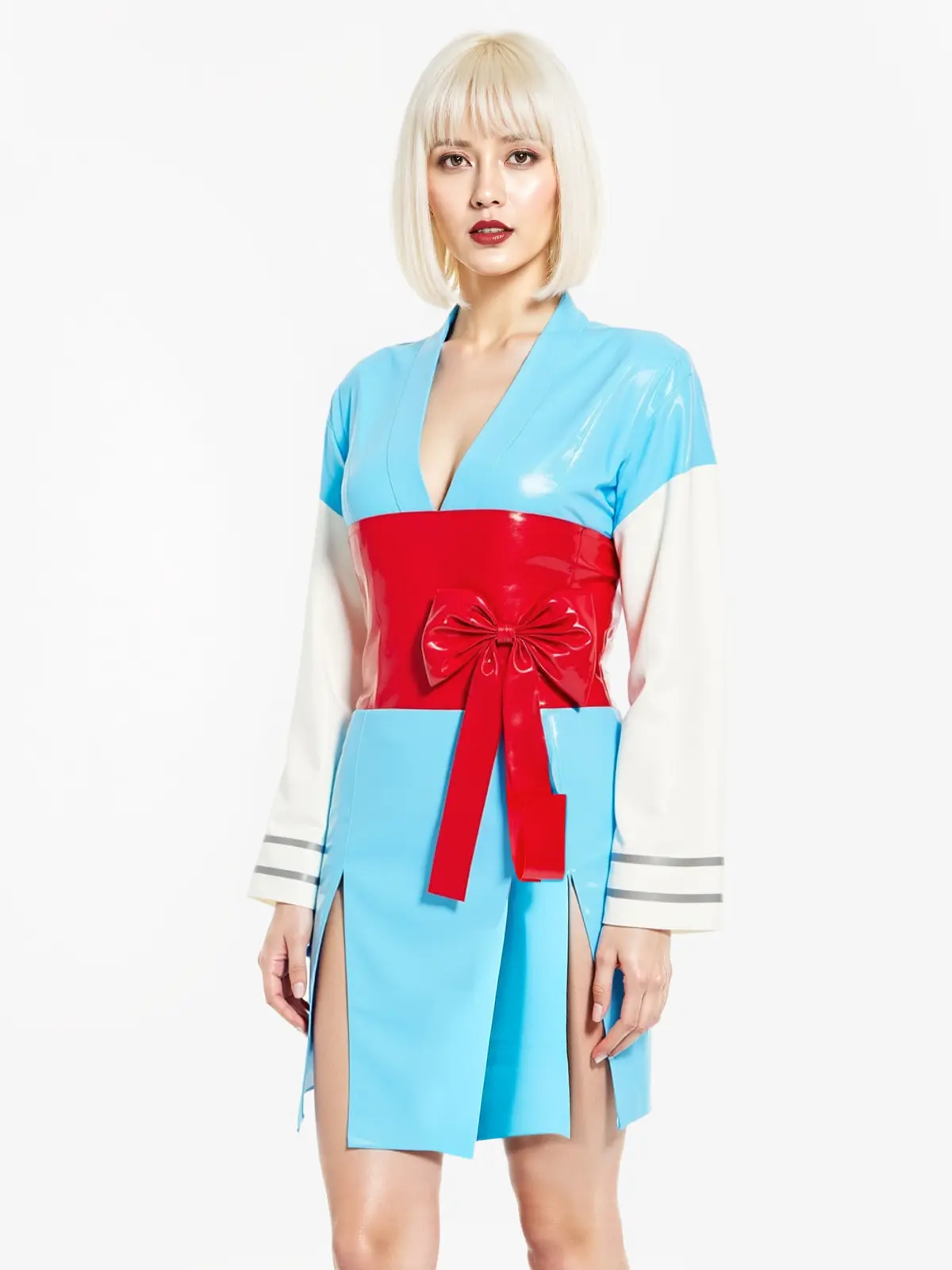 HJLC7-4.webp Latex Deep V Front-Opening Thigh-Length Dress