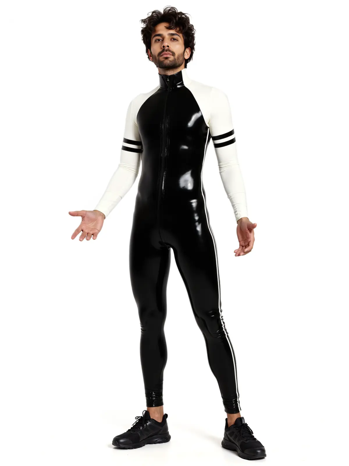 HJLC23-1.webp Latex Twin-Striped Front Zipper Raglan-Sleeved Catsuit
