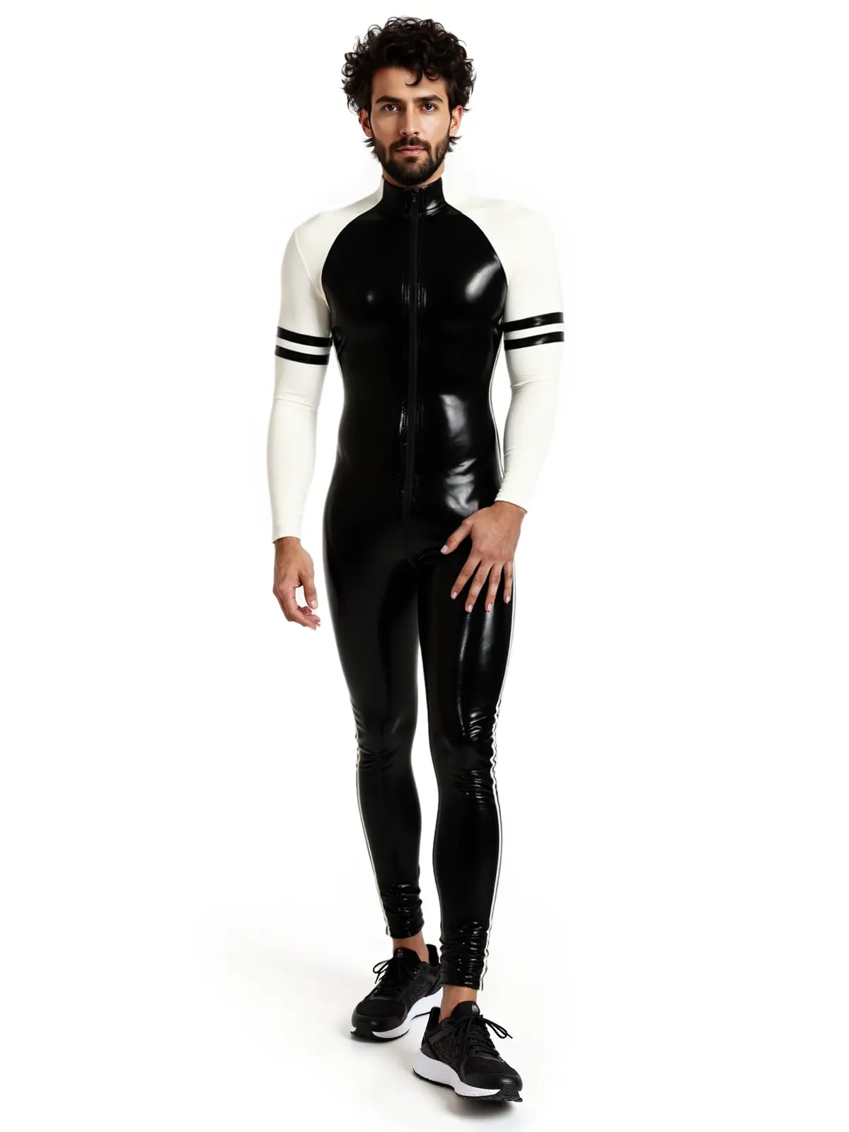 HJLC23-2.webp Latex Twin-Striped Front Zipper Raglan-Sleeved Catsuit