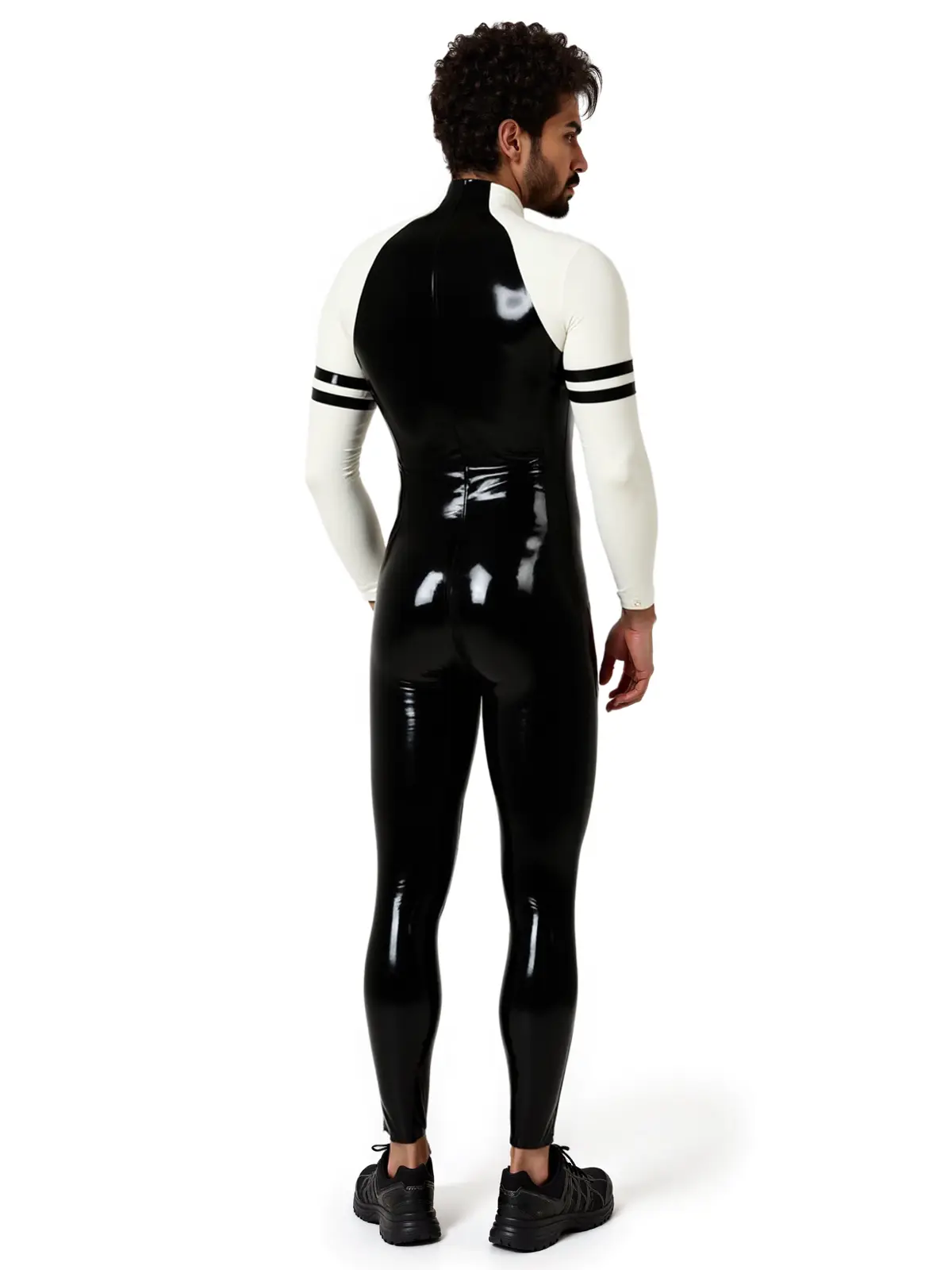 HJLC23-3.webp Latex Twin-Striped Front Zipper Raglan-Sleeved Catsuit