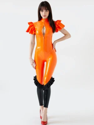 Latex Sleeveless with double-layered ruffled Catsuit