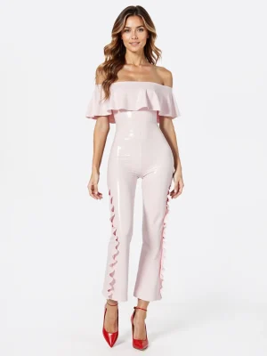 Latex Off-Shoulder Ruffle Trim Straight-Leg Catsuit